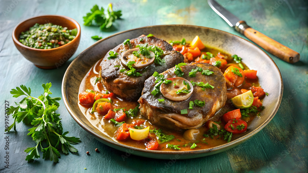 Delicious Osso Buco with Gremolata on Pastel Background in Clear Light, osso buco, gremolata, Italian cuisine Delicious Osso Buco with Gremolata on Pastel Background in Clear Light, osso buco, gremolata, Italian cuisine