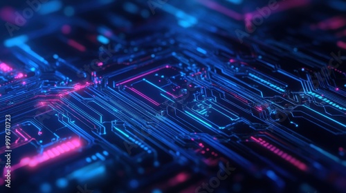 Abstract Circuit Board with Glowing Blue and Pink Lines