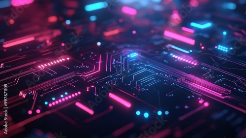 Abstract Circuit Board with Neon Pink and Blue Lighting