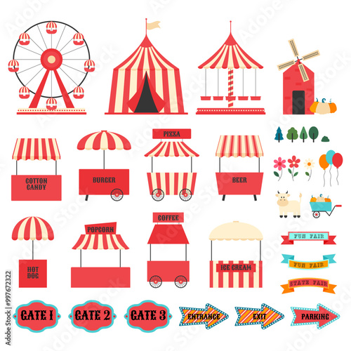 Fun fair, amusement park and carnival stickers. Ferris wheel, circus tent, carousel, street food stalls and other elements. Vector illustration on transparent background