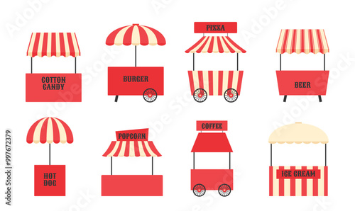 Street stalls, street food, carts, shops. Outdoor market set in flat style. Buying pizza, ice cream, pop corn and more. Red, beige colors. Vector flat illustration isolated on transparent background
