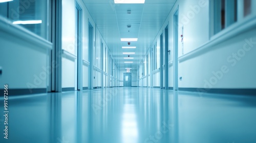 Wallpaper Mural Empty Hospital Corridor with Light Blue Walls and a Single Door at the End Torontodigital.ca