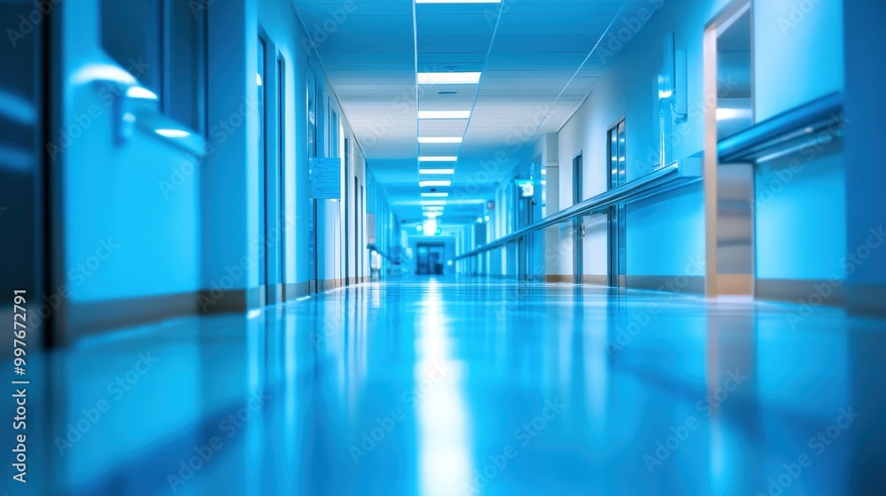 Empty Hospital Corridor with Blue Walls and Bright Lights Empty Hospital Corridor with Blue Walls and Bright Lights