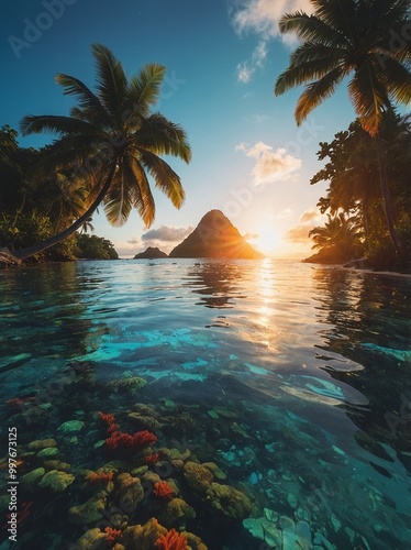 Highlight the rugged coastline and coral reefs of a tropical island captured during a dramatic sunset, ideal for travel brochures and websites. photo