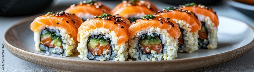 Fresh keto sushi rolls made with cauliflower rice, salmon, and avocado, neatly plated, keto sushi, low-carb Japanese cuisine Fresh keto sushi rolls made with cauliflower rice, salmon, and avocado, neatly plated, keto sushi, low-carb Japanese cuisine