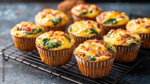 Keto egg muffins with cheese, spinach, and bacon, arranged on a cooling rack, keto breakfast snack, low-carb meal prep