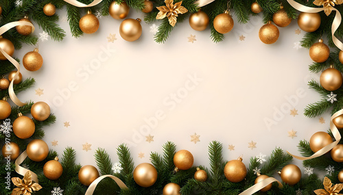 A beautifully seamless frieze with golden Christmas decorations and lush tree branches on a checkered backdrop. Perfect for festive designs, the vibrant ornaments add elegance to any seasonal project