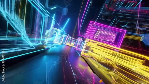 Scifiinspired technology frames neonlit boxes flying cyberspace creating 4K seamless loop futuristic datflow visualizations vibrant digital neon tunnel abstract background hologram science fiction photo