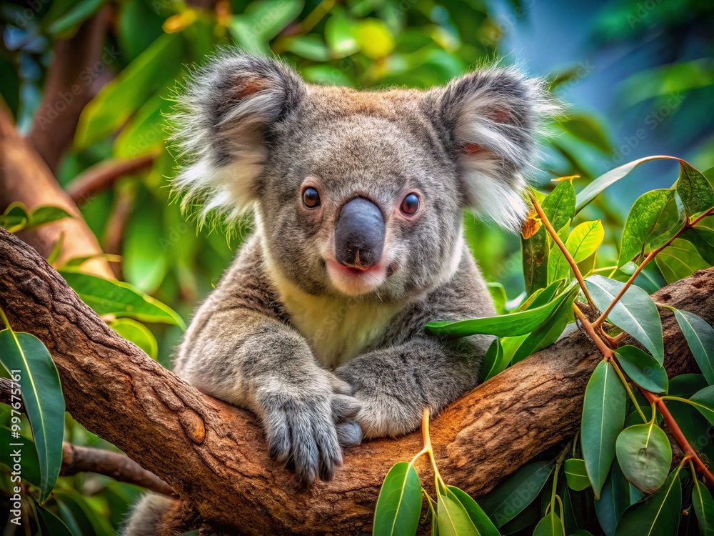Fototapeta premium Nestled in a leafy tree, a cute koala bear snoozes peacefully, surrounded by rich green foliage, embodying tranquility