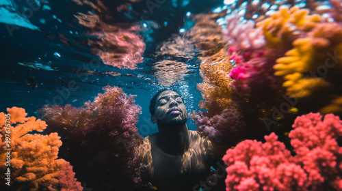 Person underwater with eyes closed, holding breath, surrounded by rising bubbles. Crystal clear water, focused on subject.