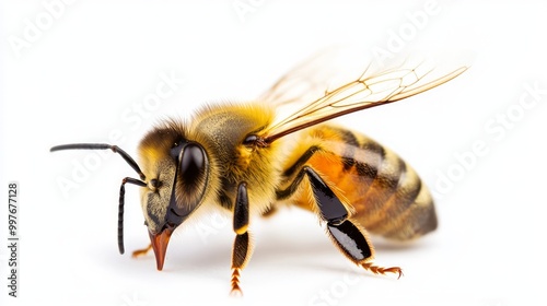 Bee isolated on white background. Close up of honeybee