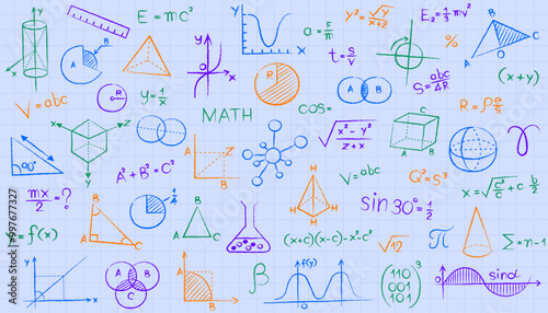 Seamless pattern of math and science formulas. This creative doodle background on grid paper symbolizes innovation, engineering, and complex problem-solving in STEM education.