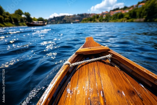 Hyper-realistic Rabelo boat on the Douro River, with the texture of the wood, the taut ropes, and the shimmering water captured in lifelike detail photo