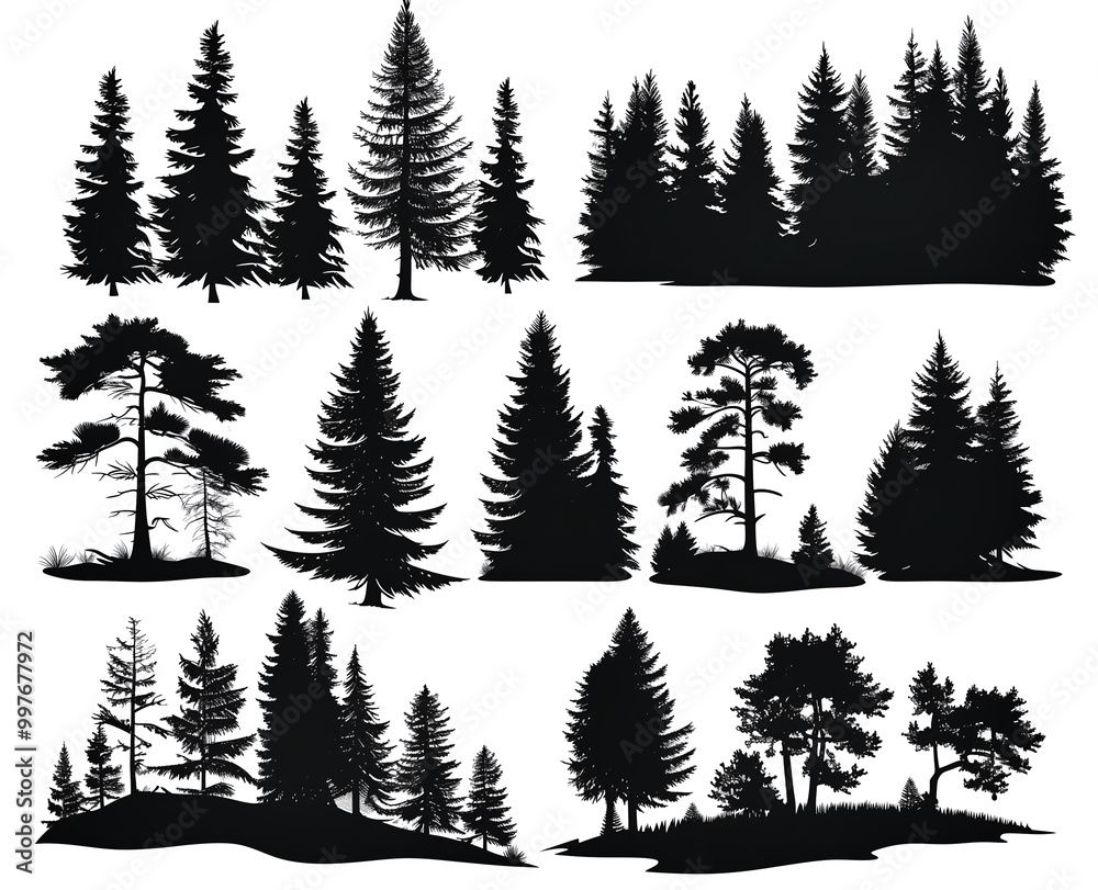 Fototapeta premium silhouette of pine forest on white, Redwood tree-line silhouette