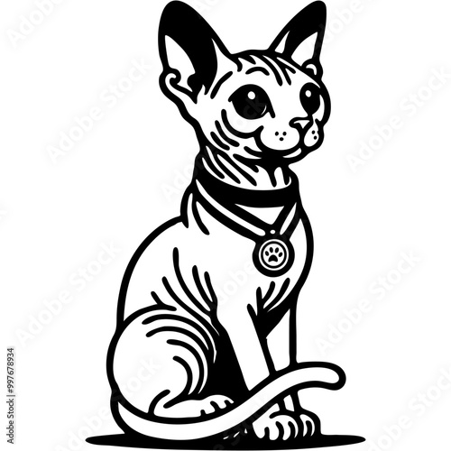 Sphynx cat with a cat show winner medal on her neck in monochrome. Simple minimalistic vector in black ink drawing on transparent background