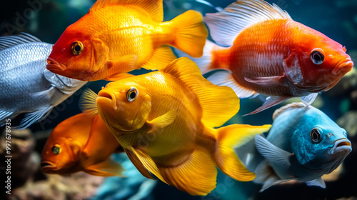 A group of colorful fish swimming together in an aquarium, their fins fluttering in the water. photo