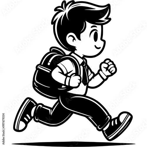 Student is in hurry and runs, being late for class in monochrome. Simple minimalistic vector in black ink drawing on transparent background