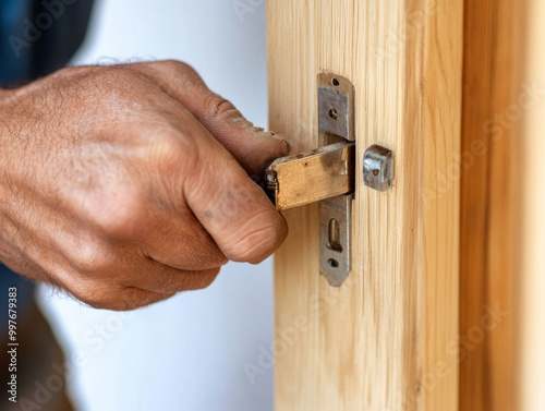 A handyman fixing a loose door hinge, using tools to ensure the door closes properly.