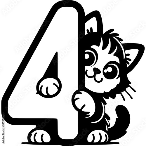 Little kitten hid behind the number four digit in kitty style in monochrome. Simple minimalistic vector in black ink drawing on transparent background