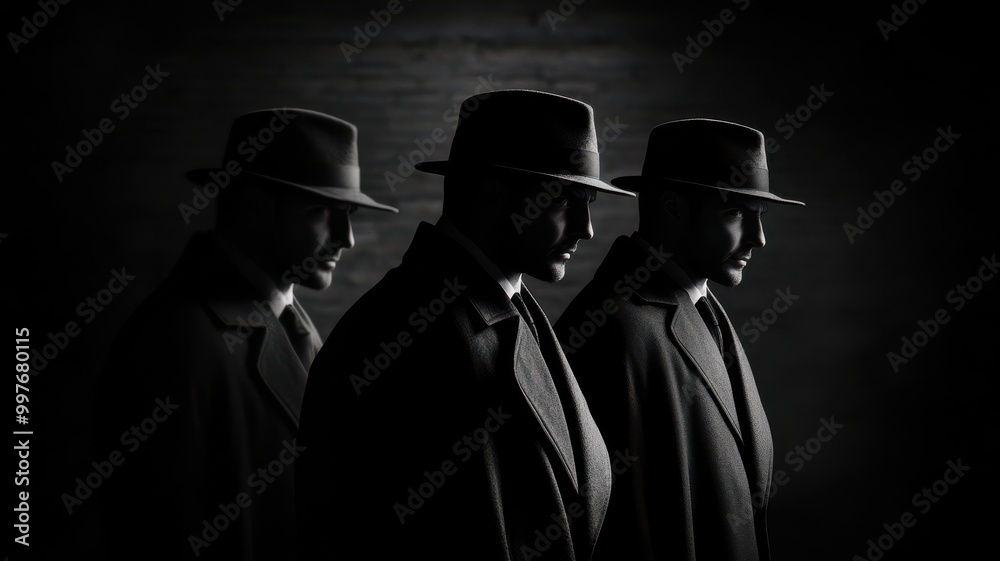 A captivating black and white image of three men in vintage attire, showcasing mystery and sophistication in a shadowy setting. A captivating black and white image of three men in vintage attire, showcasing mystery and sophistication in a shadowy setting.