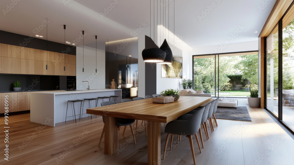 A modern dining room with a large wooden table, contemporary chairs, and a statement chandelier, creating an elegant dining space.