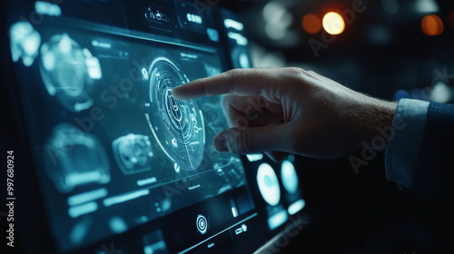 Illustrate a man reaching out to touch a smart car displayed on a touchscreen interface.
