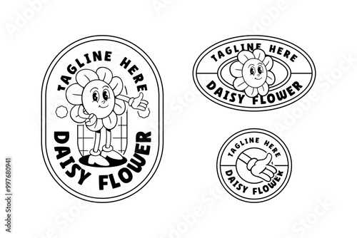 cute daisy flower buds outline retro cartoon character mascot illustration set with standing pose and hand waving greeting for florist, kids, beauty business mascots and merchandise