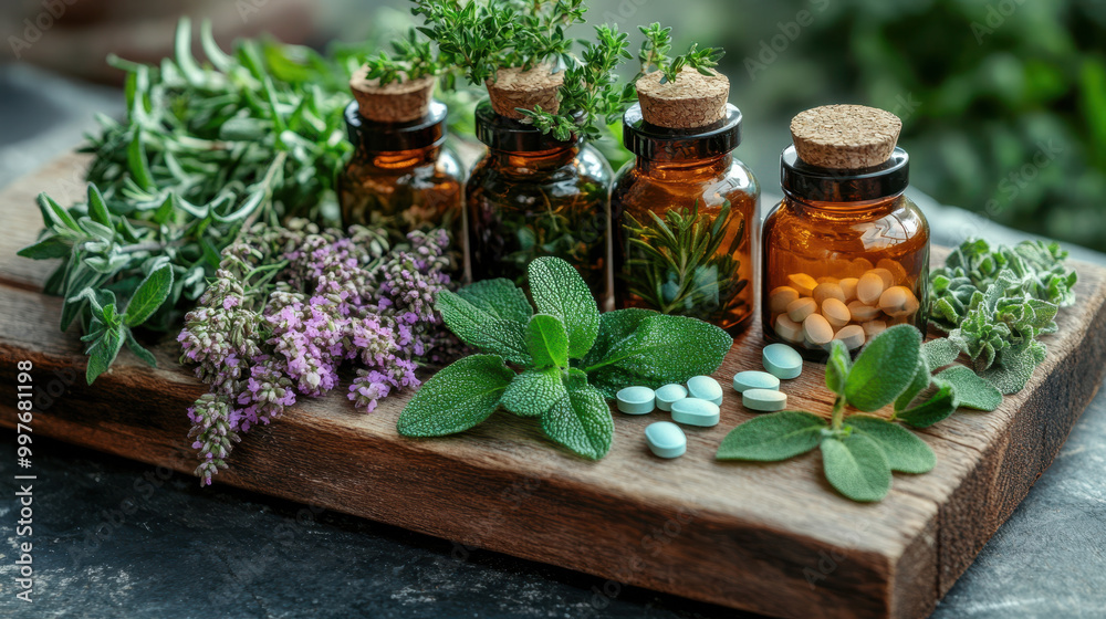 Fresh herbs and small pill bottles are beautifully arranged on wooden board, showcasing vibrant display of natures remedies. scene evokes sense of wellness and natural healing Fresh herbs and small pill bottles are beautifully arranged on wooden board, showcasing vibrant display of natures remedies. scene evokes sense of wellness and natural healing