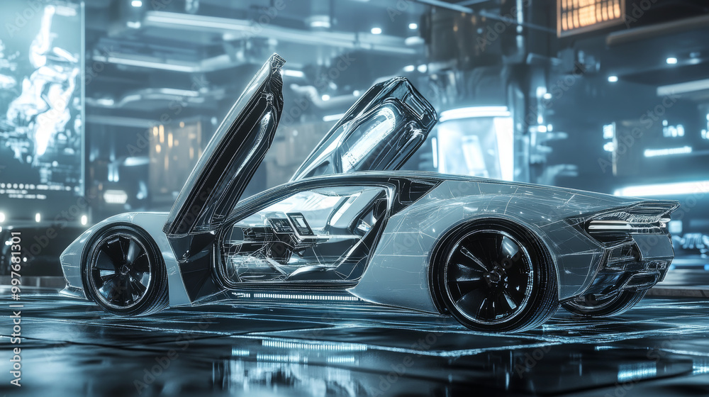 Fototapeta premium Create a 3D illustration of a futuristic car featuring an intricate wireframe design, with its doors opened to showcase the interior.