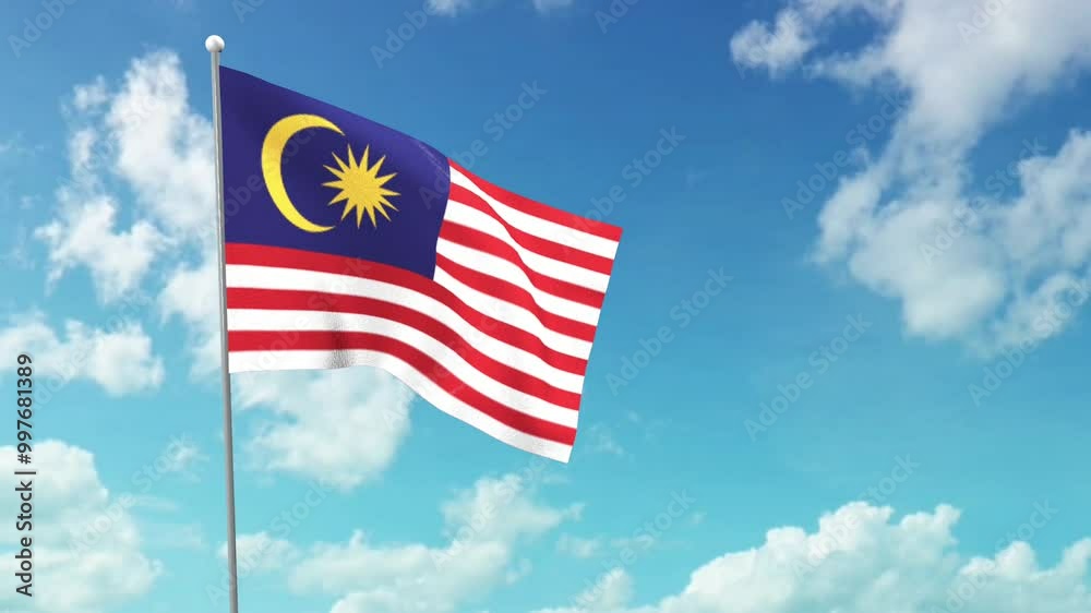 The Malaysian national flag flutters in the blue sky.