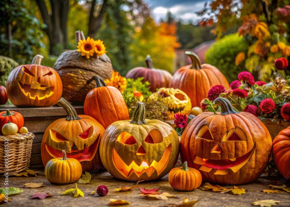 Spooky and artistic pumpkin carving concepts for Halloween that enhance autumn decorations, bringing festive spirit and Spooky and artistic pumpkin carving concepts for Halloween that enhance autumn decorations, bringing festive spirit and