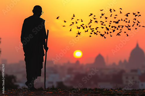 silhouette of a person walking with stick under the sun, with pigeons flying around him for Gandhi jayanti holiday celebration on the 2nd of october photo