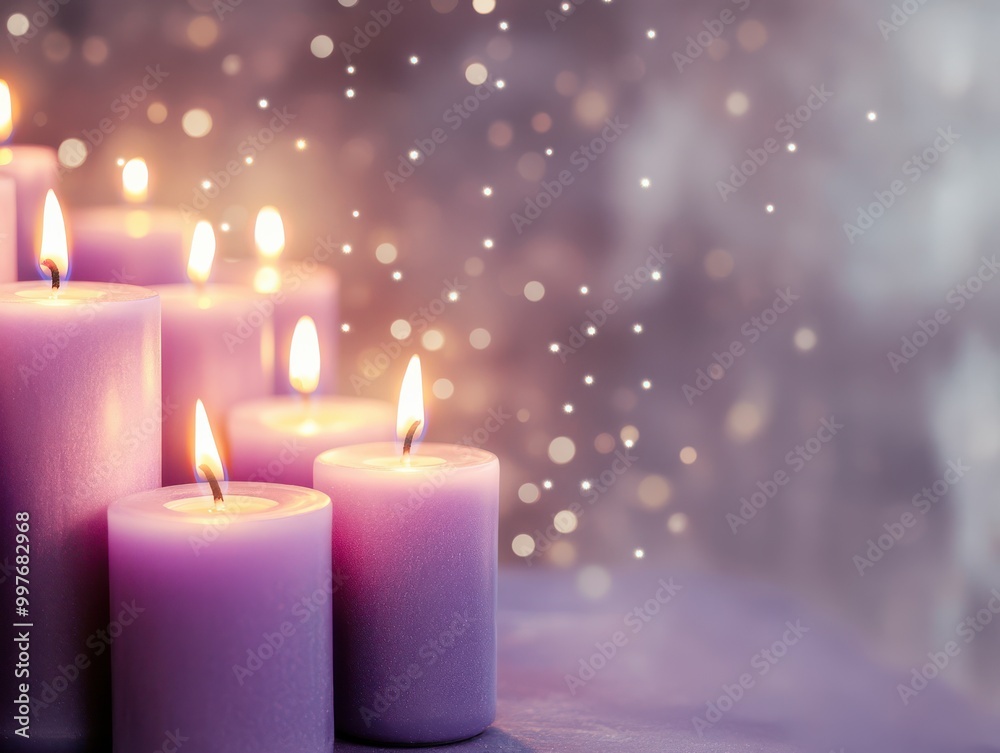 A serene arrangement of glowing purple candles surrounded by soft bokeh lights, creating a calming and peaceful atmosphere. A serene arrangement of glowing purple candles surrounded by soft bokeh lights, creating a calming and peaceful atmosphere.