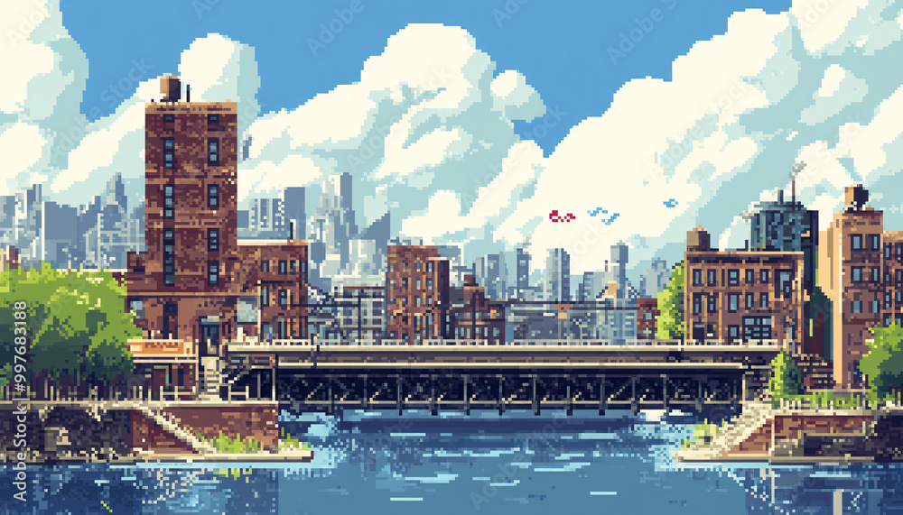 Fototapeta premium A retro-inspired, pixelated landscape or city scene reminiscent of classic 8-bit video games, perfect for a nostalgic yet playful vibe