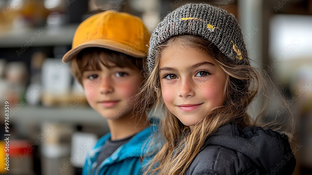 A delightful portrait of two children enjoying a moment outdoors. The girl and boy show bright smiles while dressed in casual attire, exuding joy and playfulness. A delightful portrait of two children enjoying a moment outdoors. The girl and boy show bright smiles while dressed in casual attire, exuding joy and playfulness.