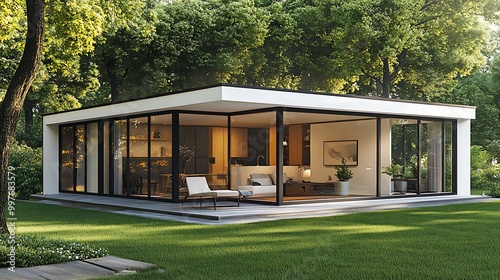 A modern cube-shaped house featuring a flat roof, large floor-to-ceiling windows, and a white exterior. The interior is designed with an open floor plan, showcasing a seamless flow between living spac