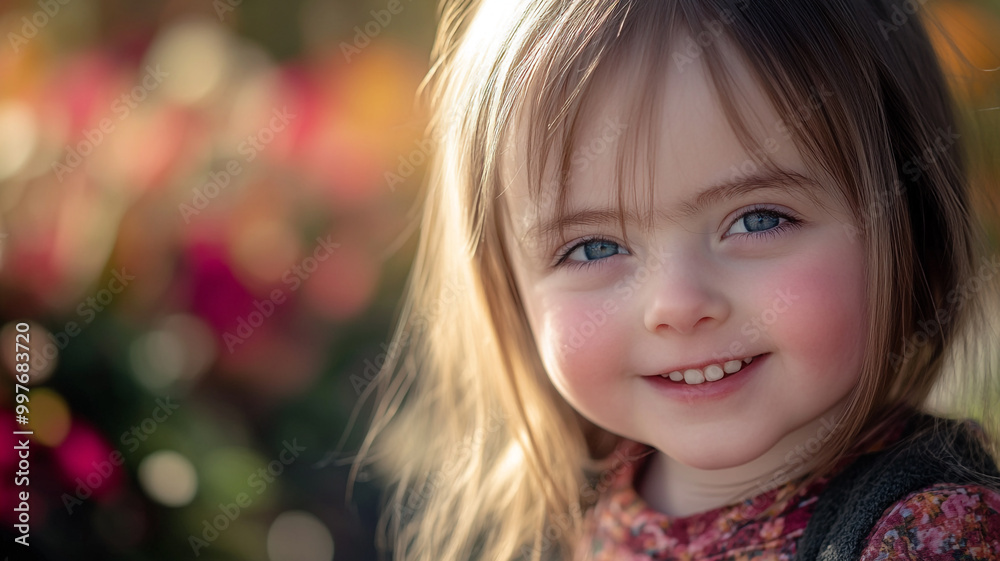 A young girl with bright blue eyes smiles warmly amidst colorful flowers in a sunny garden A young girl with bright blue eyes smiles warmly amidst colorful flowers in a sunny garden