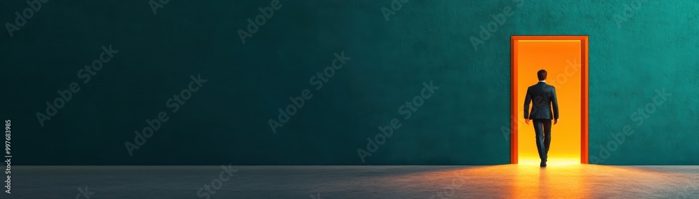 A silhouette of a man walking through an illuminated door, symbolizing opportunity and new beginnings in a dark space.