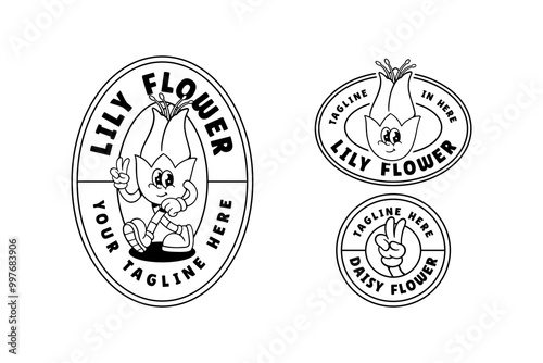 cute lily flower buds outline retro cartoon character mascot illustration set with walking pose, smiling and peace hand for florist, kids, beauty business mascots and merchandise