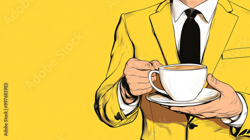 Morning coffee makes things better." Illustrated in a comic style with a yellow suit. Modern design featuring a contemporary art collage. Ideal for inspiration and trendy urban magazine style, with ne