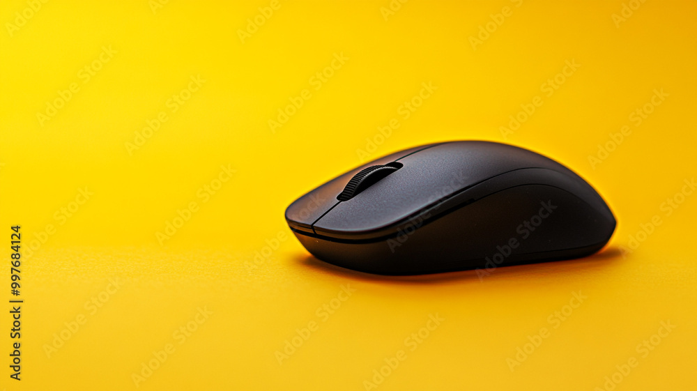 A sleek black computer mouse resting on a vibrant yellow background in a modern workspace A sleek black computer mouse resting on a vibrant yellow background in a modern workspace