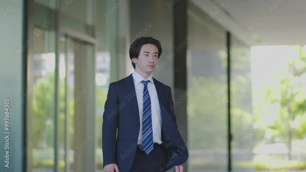オフィスから出発するスーツを着た若いビジネスマン	