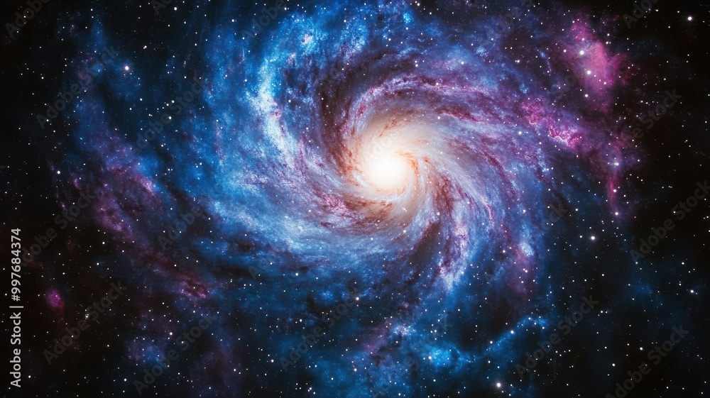 A stunning spiral galaxy featuring vibrant colors of blue and pink against a deep black space background. A stunning spiral galaxy featuring vibrant colors of blue and pink against a deep black space background.