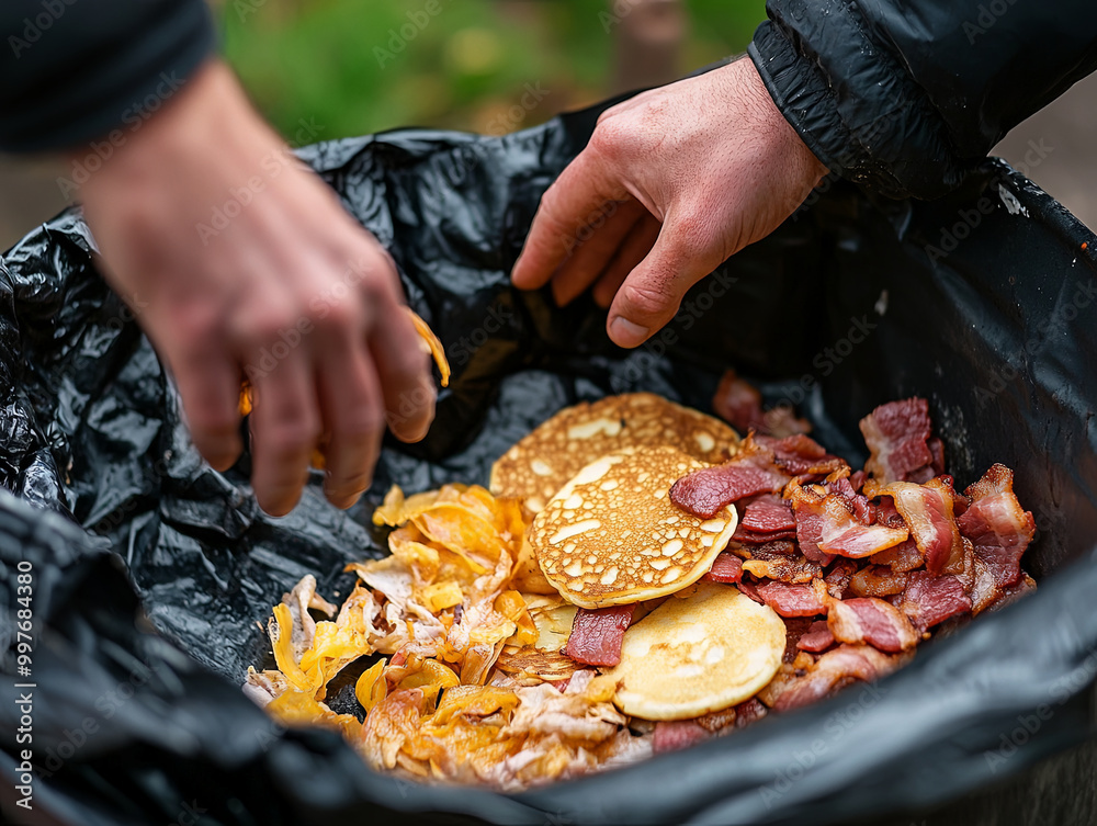 Discarding leftover food, including pancakes and bacon, highlights importance of reducing food waste. This image captures act of throwing away uneaten food with focus on sustainability Discarding leftover food, including pancakes and bacon, highlights importance of reducing food waste. This image captures act of throwing away uneaten food with focus on sustainability