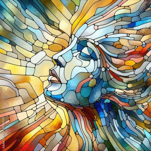 Colorful Stained Glass Portrait – Abstract Woman in Light with Generative AI.