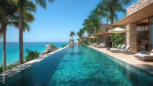 Serene beachfront villa with infinity pool and tropical landscape.