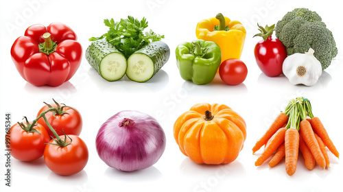 food, fruit, vegetable, isolated, collection, set, white, healthy, fresh, tomato, garlic, sweet, pumpkin, red onion, kiwi, carrot, cucumber, orange, green pepper, apple, vegetarian, vegetables, fruits
