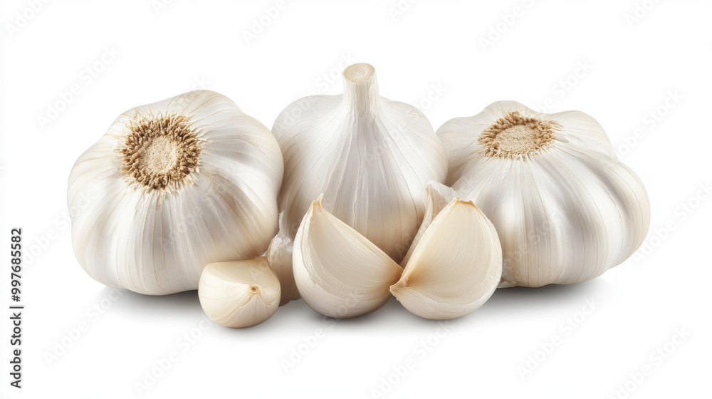 The image features several garlic bulbs arranged closely together, showcasing their distinct, papery white skin with a hint of purple. Each bulb displays its individual cloves, partially exposed, reve The image features several garlic bulbs arranged closely together, showcasing their distinct, papery white skin with a hint of purple. Each bulb displays its individual cloves, partially exposed, reve
