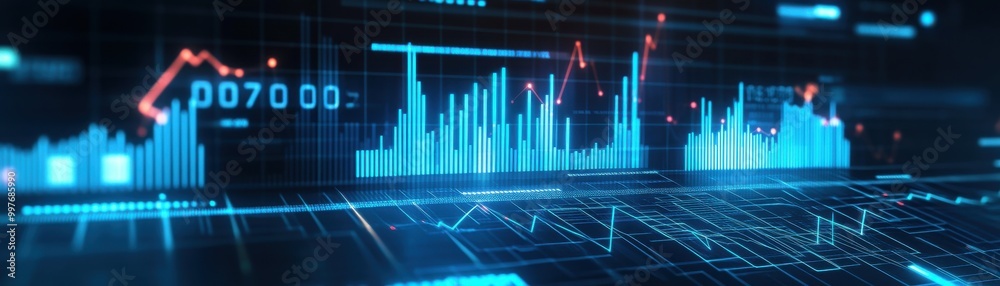 Abstract financial graph showcasing data trends with blue and red visuals on a dark background. Ideal for finance and technology themes. Abstract financial graph showcasing data trends with blue and red visuals on a dark background. Ideal for finance and technology themes.