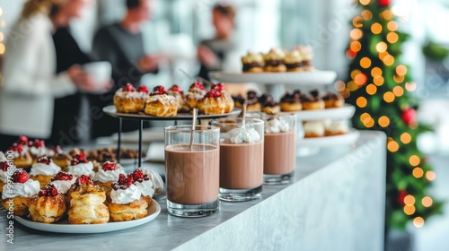 Delicious pastries with festive drinks on table, holiday atmosphere.